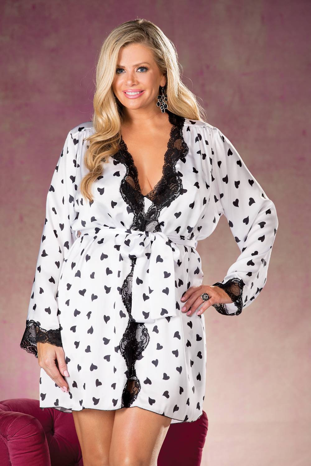 Shirley of Hollywood Heart Print & Lace Robe